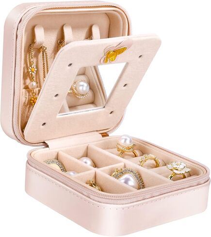 صندوق منظم مجوهرات صغير للسفر، صندوق مجوهرات صغير محمول للسفر، حقيبة عرض للفتيات والنساء والخواتم والاقراط والقلائد مع مرآة، هدية مثالية للسيدات in Kuwait