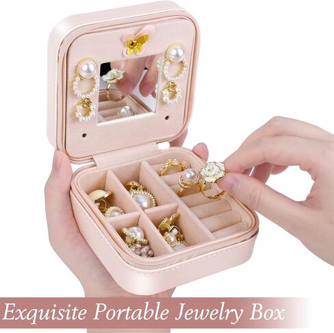 صندوق منظم مجوهرات صغير للسفر، صندوق مجوهرات صغير محمول للسفر، حقيبة عرض للفتيات والنساء والخواتم والاقراط والقلائد مع مرآة، هدية مثالية للسيدات in Kuwait