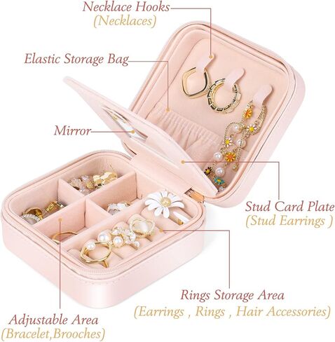 صندوق منظم مجوهرات صغير للسفر، صندوق مجوهرات صغير محمول للسفر، حقيبة عرض للفتيات والنساء والخواتم والاقراط والقلائد مع مرآة، هدية مثالية للسيدات in Kuwait