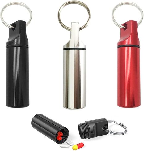 3-Pack Small Portable Pill Box Keychain Aluminium Alloy Waterproof Pill Organizer Case Circular Container Medicine Drug Bottle Holder for Purse Pocket Outdoor Camping Travel(Black&Silver&Red) in Kuwait