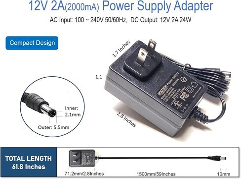 SOLTECH 12V 2A AC DC Power Supply Adapter, 5.5 x 2.1/2.5mm, 100-240V 50/60Hz AC to DC 12 Volts 2000mA AC/DC Power Converter for CCTV Security Cameras DVR NVR LED Strip Lights, UL Listed in Saudi Arabia