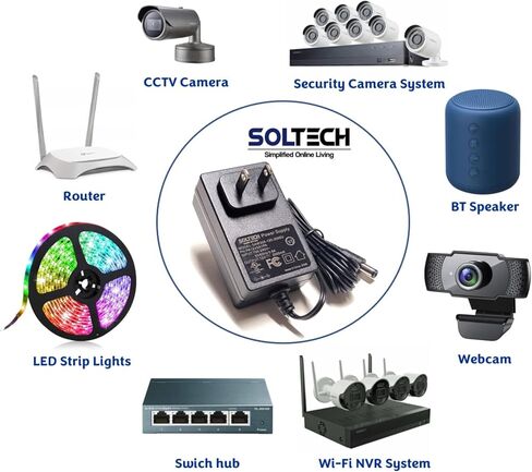 SOLTECH 12V 2A AC DC Power Supply Adapter, 5.5 x 2.1/2.5mm, 100-240V 50/60Hz AC to DC 12 Volts 2000mA AC/DC Power Converter for CCTV Security Cameras DVR NVR LED Strip Lights, UL Listed in Saudi Arabia