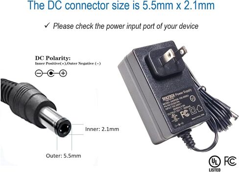 SOLTECH 12V 2A AC DC Power Supply Adapter, 5.5 x 2.1/2.5mm, 100-240V 50/60Hz AC to DC 12 Volts 2000mA AC/DC Power Converter for CCTV Security Cameras DVR NVR LED Strip Lights, UL Listed in Saudi Arabia
