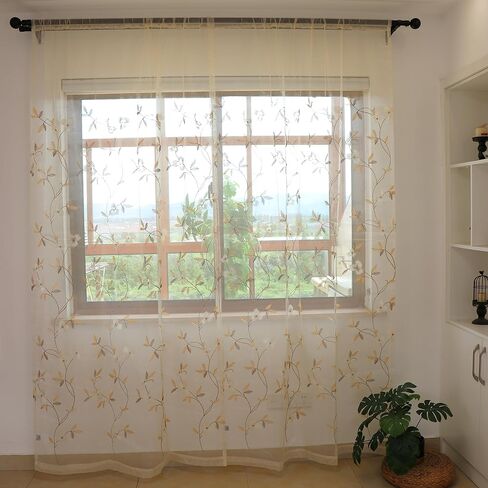 SLOW SOUL Set of 2 Panels Coffee Iris Flowers Sheer Curtains Floral Semi Sheer Embroidered Curtains & Drapes for Bedroom Living Room Rod Pocket 52W X 102L inch in Kuwait