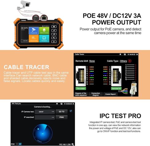 اختبار كاميرا CCTV من Rsrteng مع تتبع الكابل WT255، IPC-1900C Plus 4K 8MP 8K 32MP IP اختبار الكاميرا 4 بوصة IPS شاشة تعمل باللمس CCTV اختبار دعم POE PTZ DC12V مخرج IPC اختبار استبدال 1800ADH in Kuwait