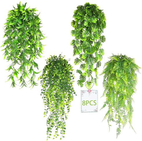 8 Pack Artificial Hanging Plants Fake Greenery Plants Fake lvy Vine for Home Wall Garden Indoor Outdoor Decoration (31'' Faux Boston Ferns,Palm Leaves) in Saudi Arabia