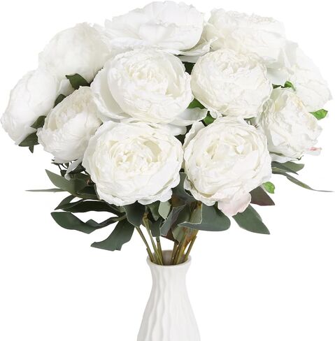 IPOPU Vintage White Peonies Artificial Flowers Bouquets 14 Heads Big Fake Peonies Silk Faux Peonies with Stems for Wedding Centerpieces for Table Home Decor Bride Bouquet Floral Arrangement (White) in Saudi Arabia