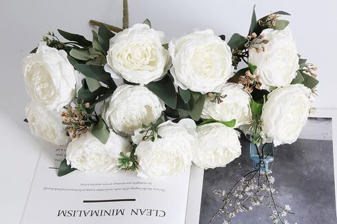 IPOPU Vintage White Peonies Artificial Flowers Bouquets 14 Heads Big Fake Peonies Silk Faux Peonies with Stems for Wedding Centerpieces for Table Home Decor Bride Bouquet Floral Arrangement (White) in Saudi Arabia