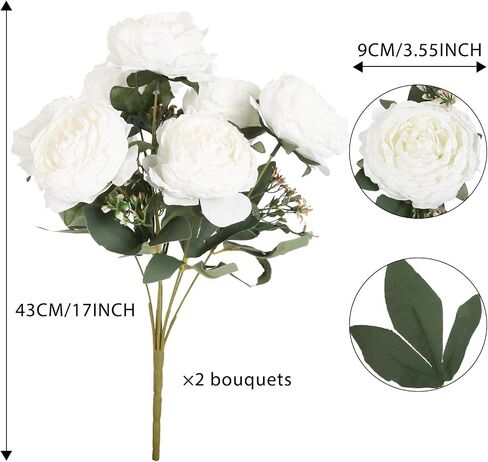 IPOPU Vintage White Peonies Artificial Flowers Bouquets 14 Heads Big Fake Peonies Silk Faux Peonies with Stems for Wedding Centerpieces for Table Home Decor Bride Bouquet Floral Arrangement (White) in Saudi Arabia