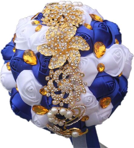 Fiwisora Brooch Bouquet 7" Bride Bridesmaid Satin Rose Wedding Bouquet w/Gold Crystal Brooches Custom-Made Artificial Floral Bouquet Centerpiece Arrangement, Royal Blue White Bouquet in Saudi Arabia
