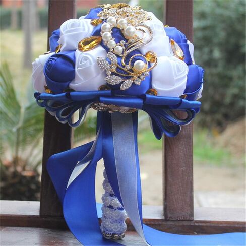 Fiwisora Brooch Bouquet 7" Bride Bridesmaid Satin Rose Wedding Bouquet w/Gold Crystal Brooches Custom-Made Artificial Floral Bouquet Centerpiece Arrangement, Royal Blue White Bouquet in Saudi Arabia