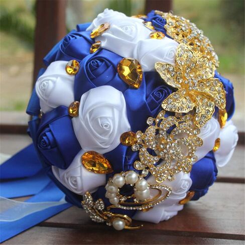 Fiwisora Brooch Bouquet 7" Bride Bridesmaid Satin Rose Wedding Bouquet w/Gold Crystal Brooches Custom-Made Artificial Floral Bouquet Centerpiece Arrangement, Royal Blue White Bouquet in Saudi Arabia