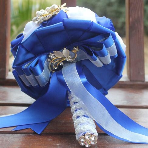 Fiwisora Brooch Bouquet 7" Bride Bridesmaid Satin Rose Wedding Bouquet w/Gold Crystal Brooches Custom-Made Artificial Floral Bouquet Centerpiece Arrangement, Royal Blue White Bouquet in Saudi Arabia