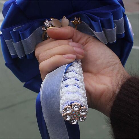 Fiwisora Brooch Bouquet 7" Bride Bridesmaid Satin Rose Wedding Bouquet w/Gold Crystal Brooches Custom-Made Artificial Floral Bouquet Centerpiece Arrangement, Royal Blue White Bouquet in Saudi Arabia