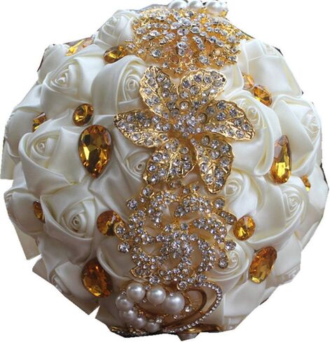 Fiwisora Brooch Bouquet 7" Bride Bridesmaid Satin Rose Wedding Bouquet w/Gold Crystal Brooches Custom-Made Artificial Floral Bouquet Centerpiece Arrangement, Royal Blue White Bouquet in Saudi Arabia