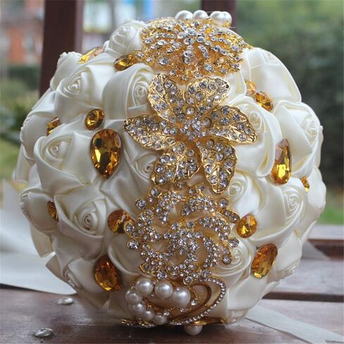 Fiwisora Brooch Bouquet 7" Bride Bridesmaid Satin Rose Wedding Bouquet w/Gold Crystal Brooches Custom-Made Artificial Floral Bouquet Centerpiece Arrangement, Royal Blue White Bouquet in Saudi Arabia