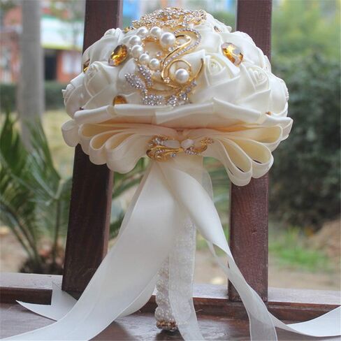 Fiwisora Brooch Bouquet 7" Bride Bridesmaid Satin Rose Wedding Bouquet w/Gold Crystal Brooches Custom-Made Artificial Floral Bouquet Centerpiece Arrangement, Royal Blue White Bouquet in Saudi Arabia