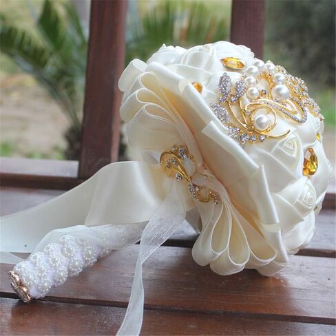 Fiwisora Brooch Bouquet 7" Bride Bridesmaid Satin Rose Wedding Bouquet w/Gold Crystal Brooches Custom-Made Artificial Floral Bouquet Centerpiece Arrangement, Royal Blue White Bouquet in Saudi Arabia