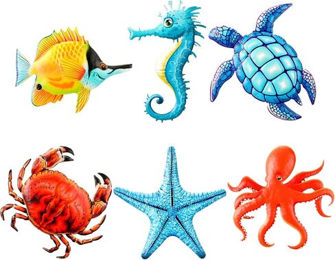 6 Pcs Metal Sea Turtle Fish Octopus Crab Starfish and Seahorse Wall Art Decor Outdoor Metal Ocean Wall Sculptures Beach Themed Bathroom Decor Metal Sea Wall Decor for Home Fence Room Pool Decorations in Saudi Arabia