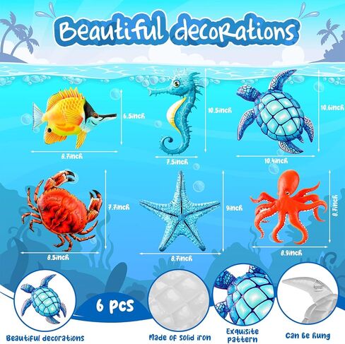 6 Pcs Metal Sea Turtle Fish Octopus Crab Starfish and Seahorse Wall Art Decor Outdoor Metal Ocean Wall Sculptures Beach Themed Bathroom Decor Metal Sea Wall Decor for Home Fence Room Pool Decorations in Saudi Arabia