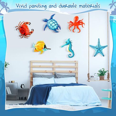 6 Pcs Metal Sea Turtle Fish Octopus Crab Starfish and Seahorse Wall Art Decor Outdoor Metal Ocean Wall Sculptures Beach Themed Bathroom Decor Metal Sea Wall Decor for Home Fence Room Pool Decorations in Saudi Arabia