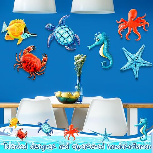 6 Pcs Metal Sea Turtle Fish Octopus Crab Starfish and Seahorse Wall Art Decor Outdoor Metal Ocean Wall Sculptures Beach Themed Bathroom Decor Metal Sea Wall Decor for Home Fence Room Pool Decorations in Saudi Arabia