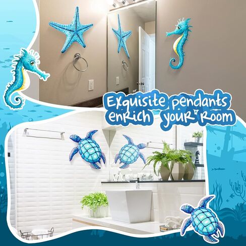 6 Pcs Metal Sea Turtle Fish Octopus Crab Starfish and Seahorse Wall Art Decor Outdoor Metal Ocean Wall Sculptures Beach Themed Bathroom Decor Metal Sea Wall Decor for Home Fence Room Pool Decorations in Saudi Arabia