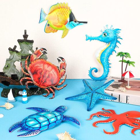 6 Pcs Metal Sea Turtle Fish Octopus Crab Starfish and Seahorse Wall Art Decor Outdoor Metal Ocean Wall Sculptures Beach Themed Bathroom Decor Metal Sea Wall Decor for Home Fence Room Pool Decorations in Saudi Arabia
