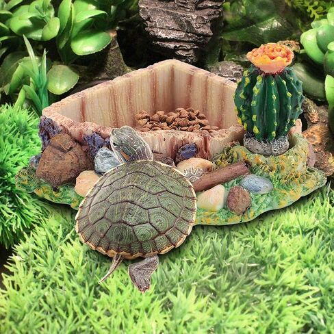 Yuehuam Reptile Tank Decor Resin Lizard Turtle Tortoise Feeding Water Dish Bowl Plate with Cactus for Lizard, Gecko, Water Frog, Other Reptile in Saudi Arabia