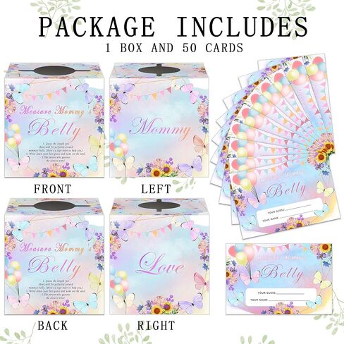 Azbuk تخمين مدى حجم لعبة بطن الأم لاستحمام الطفل، 50 بطاقة تخمين حجم بطن الأم على شكل فراشة، لوازم تزيين نشاط استحمام الطفل، مع 3 أشرطة قياس وصندوق تجميع واحد in Kuwait