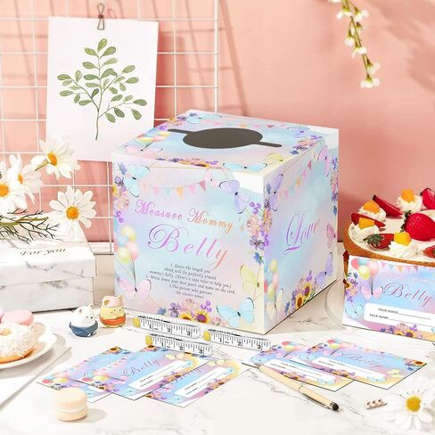 Azbuk تخمين مدى حجم لعبة بطن الأم لاستحمام الطفل، 50 بطاقة تخمين حجم بطن الأم على شكل فراشة، لوازم تزيين نشاط استحمام الطفل، مع 3 أشرطة قياس وصندوق تجميع واحد in Kuwait