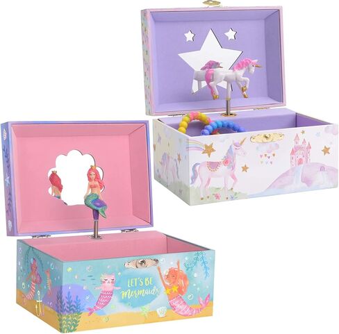 صندوق مجوهرات حورية البحر بألوان قوس قزح الموسيقية للفتيات من Jewelkeeper، حزمة تصميم رقائق ذهبية مع صندوق تخزين المجوهرات الموسيقية للفتيات مع تصميم وحيد القرن الدوار، تصميم قوس قزح لامع ونجوم in Kuwait