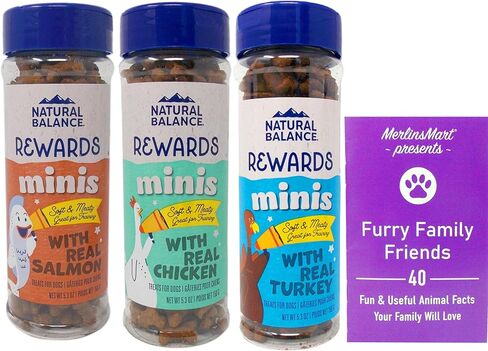 جهاز التوازن الطبيعي L.I.D. حزمة Mini Rewards Dog Treats من 3 نكهات - (1) لكل منها: سمك السلمون والدجاج والديك الرومي (5.3 أونصة) - بالإضافة إلى حزمة كتيب حقائق عن الحيوانات الممتعة in Kuwait