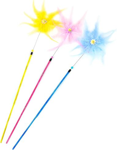 CHIWAVA 3 Pack 31" Combination Feather Cat Toy Wand Sunflowers with Bell Kitten Interactive Cat Teaser Assorted Color in Kuwait