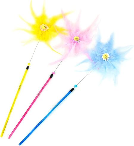 CHIWAVA 3 Pack 31" Combination Feather Cat Toy Wand Sunflowers with Bell Kitten Interactive Cat Teaser Assorted Color in Kuwait
