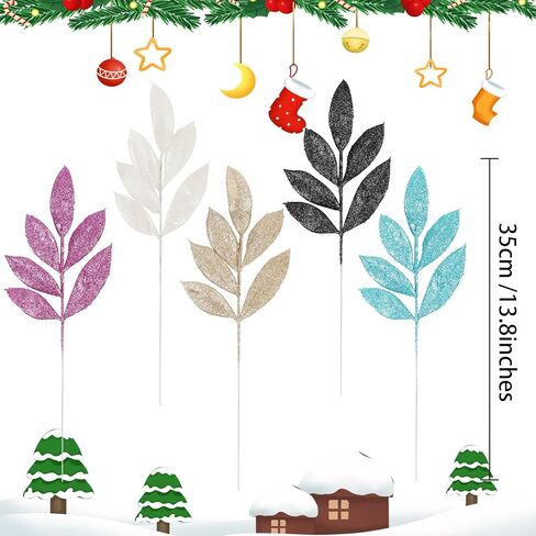 SMARTSWORD 20 قطعة من أوراق الشجر اللامعة الاصطناعية مقاس 13.8 بوصة لعيد الميلاد وبخاخات شجرة عيد الميلاد اللامعة من أوراق الشجر لتزيين أوراق عيد الميلاد لشجرة عيد الميلاد مزهرية ديكور المنزل in Kuwait
