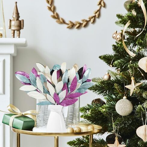 SMARTSWORD 20 قطعة من أوراق الشجر اللامعة الاصطناعية مقاس 13.8 بوصة لعيد الميلاد وبخاخات شجرة عيد الميلاد اللامعة من أوراق الشجر لتزيين أوراق عيد الميلاد لشجرة عيد الميلاد مزهرية ديكور المنزل in Kuwait