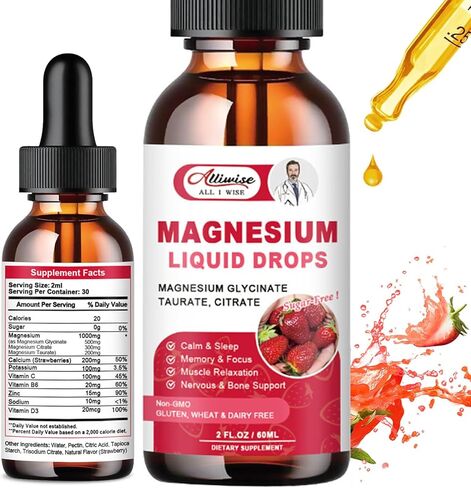 High Absorption Magnesium Liquid Supplement 1000MG, Complex with Magnesium Glycinate 500MG, Citrate,Taurate for Bio-Availability. 3 TOP Magnesiums in One Supplement-Strawberry Flavor in Kuwait