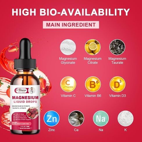 High Absorption Magnesium Liquid Supplement 1000MG, Complex with Magnesium Glycinate 500MG, Citrate,Taurate for Bio-Availability. 3 TOP Magnesiums in One Supplement-Strawberry Flavor in Kuwait