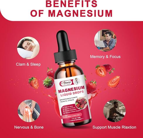 High Absorption Magnesium Liquid Supplement 1000MG, Complex with Magnesium Glycinate 500MG, Citrate,Taurate for Bio-Availability. 3 TOP Magnesiums in One Supplement-Strawberry Flavor in Kuwait