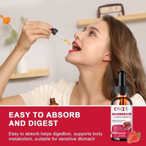 High Absorption Magnesium Liquid Supplement 1000MG, Complex with Magnesium Glycinate 500MG, Citrate,Taurate for Bio-Availability. 3 TOP Magnesiums in One Supplement-Strawberry Flavor in Kuwait