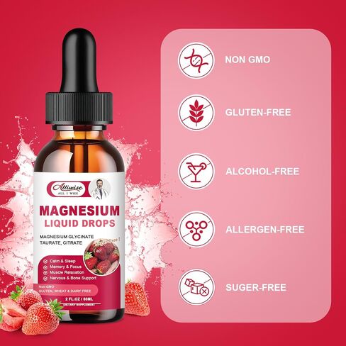 High Absorption Magnesium Liquid Supplement 1000MG, Complex with Magnesium Glycinate 500MG, Citrate,Taurate for Bio-Availability. 3 TOP Magnesiums in One Supplement-Strawberry Flavor in Kuwait