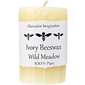 Alternative Imagination 100% Pure Beeswax Pillar Candle, White Ivory (3x4 Inch), 40 Hour, Wild Meadow Design, Hand-Poured