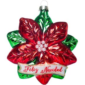 2 Pieces Poinsettia Glass Blown Christmas Ornaments for Christmas Tree Decorations, Glass Poinsettia Star Ornaments with Words Feliz Navidad in Saudi Arabia