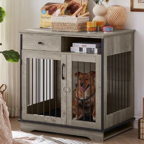 Lostcat Furniture Dog Crate,Dog Crate Furniture with Drawer,Pet Kennels with Double Doors,32in Decorative Wooden kennels,Easy Installation,for Small Medium Dogs (Grey) in Kuwait