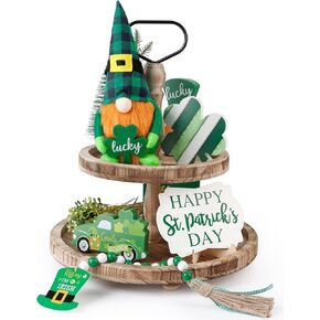 صينية ديكور ذات طبقات لعيد القديس باتريك، مجموعة ديكورات عيد القديس باتريك مع اقزام قطيفة و3 لافتات خشبية واكليل خرز خشبي للمنزل (الصينية غير متضمنة) in Kuwait