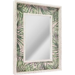 Head West Tropical Leaves Print Distressed White Raised Lip Double Framed Accent Mirror,Green/Whitewash,23 x 29,371824WEB in Kuwait