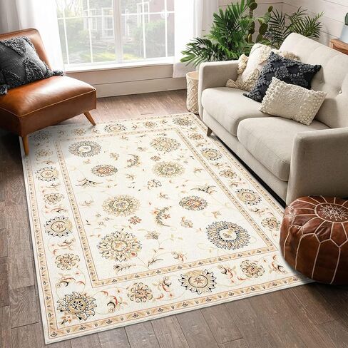 CAROMIO 9x12 Area Rug Floral Washable Area Rug Non-Slip Bohemian Throw Carpet Indoor Boho Rug Vintage Rug Traditional Rug for Living Room Bedroom Kitchen Nursery Home Office, Ivory/Yellow 9' x 12' in Saudi Arabia