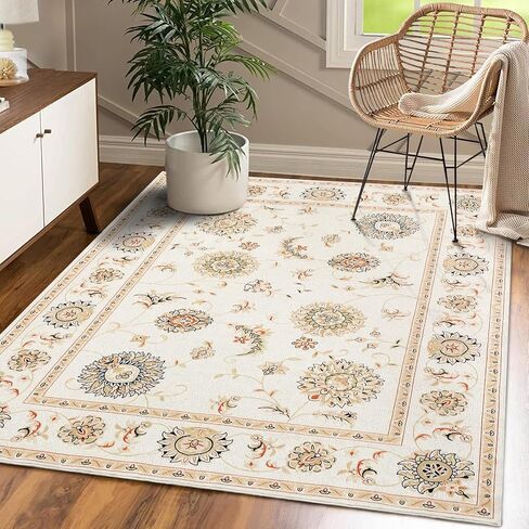CAROMIO 9x12 Area Rug Floral Washable Area Rug Non-Slip Bohemian Throw Carpet Indoor Boho Rug Vintage Rug Traditional Rug for Living Room Bedroom Kitchen Nursery Home Office, Ivory/Yellow 9' x 12' in Saudi Arabia