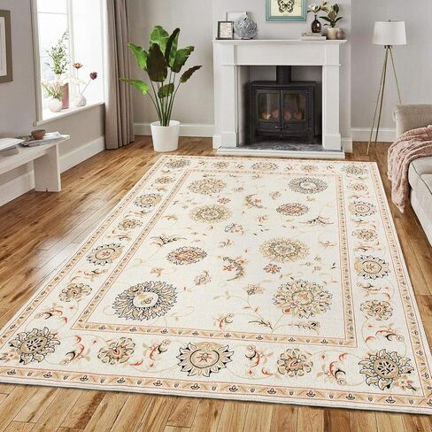 CAROMIO 9x12 Area Rug Floral Washable Area Rug Non-Slip Bohemian Throw Carpet Indoor Boho Rug Vintage Rug Traditional Rug for Living Room Bedroom Kitchen Nursery Home Office, Ivory/Yellow 9' x 12' in Saudi Arabia
